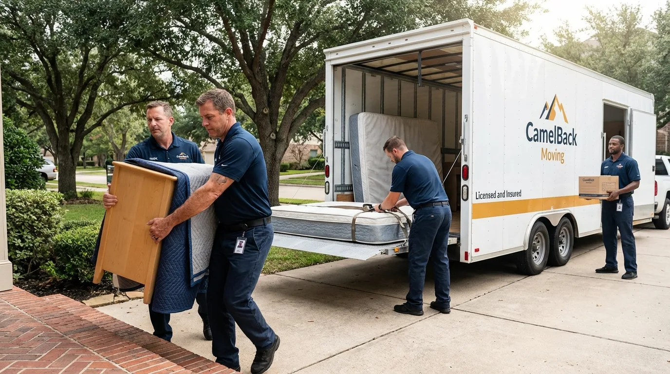 Crew loading residential truck for cross-state move from Sunman, IN