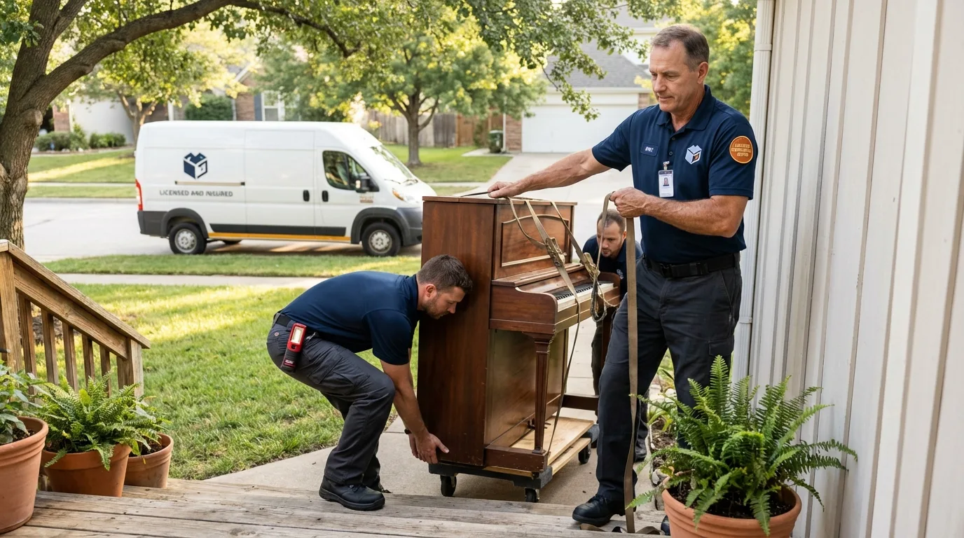 Licensed piano movers securing grand piano in Sunman, IN