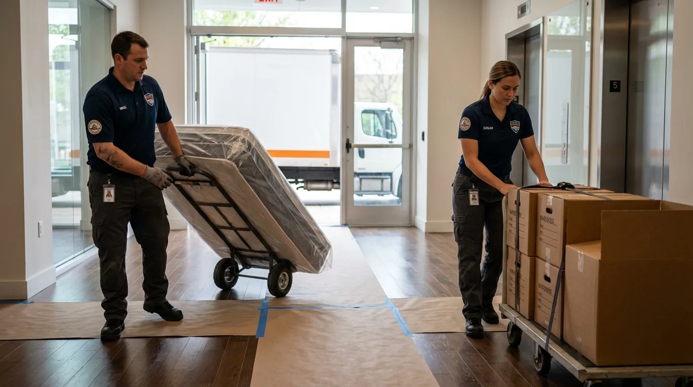 Professional apartment movers loading elevator in Sunman, IN